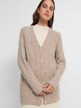 THEORY Women’s Alpaca Soft Cable Knit Cardigan Sweater Beige Size Small